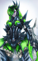 Rule 34 | 1girl, armor, armored bodysuit, astalos (armor), bodysuit, claws, commentary request, commission, full armor, green bodysuit, green hair, hair over one eye, highres, looking at viewer, mask, monster hunter (character), monster hunter (series), purple eyes, ribimura, simple background, skeb commission, solo, standing