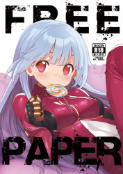 Rule 34 | 1girl, blue hair, blush, candy, content rating, food, gloves, kula diamond, lollipop, long hair, looking at viewer, mouth hold, onono imoko, red eyes, solo, the king of fighters, the king of fighters xiv