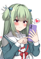 Rule 34 | 1girl, :3, blue jacket, blue ribbon, blunt bangs, blush, bow, cellphone, closed mouth, collared shirt, colored eyelashes, commentary, double-parted bangs, eyelashes, eyes visible through hair, green hair, hair ribbon, half updo, hands up, heart, highres, holding, holding phone, index finger raised, jacket, long hair, long sleeves, looking at phone, murasame (senren), notice lines, phone, red bow, red eyes, red ribbon, ribbon, sailor collar, school uniform, senren banka, shirt, sidelocks, simple background, smartphone, smile, solo, spoken heart, straight hair, two side up, upper body, very long hair, white background, white sailor collar, white shirt, yosh1na