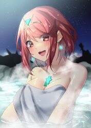 Rule 34 | 1girl, breasts, chest jewel, highres, large breasts, looking at viewer, naked towel, night, night sky, onsen, open mouth, pyra (xenoblade), red eyes, red hair, short hair, sky, slope (check238), smile, solo, star (sky), starry sky, teeth, tiara, towel, upper body, upper teeth only, wet, xenoblade chronicles (series), xenoblade chronicles 2