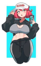 Rule 34 | 1girl, absurdres, alternate costume, artist request, breasts, cellphone, chest jewel, cleavage, clothes lift, hat, highres, hood, hoodie, hoodie lift, large breasts, legs, midriff, navel, omura zojiki, pants, phone, pyra (xenoblade), red eyes, red hair, simple background, solo, sports bra, thighs, toned, white background, xenoblade chronicles (series), xenoblade chronicles 2
