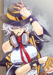 Rule 34 | 1girl, akaimame, black hat, cigarette holder, closed mouth, cup, girls&#039; frontline, glasses, hand on headwear, hat, headphones, headphones around neck, highres, holding, holding cup, looking at viewer, mouth hold, parted lips, red eyes, shirt, short hair, silver hair, smoking, solo, sunglasses, thompson (girls&#039; frontline), upper body, white shirt