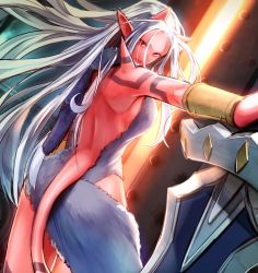 Rule 34 | 1girl, arm at side, backless outfit, chirigami-san, colored skin, demon girl, demon tail, gate, highres, horns, huge weapon, lips, long hair, looking at viewer, original, parted bangs, pointy ears, red eyes, red skin, serious, solo, sword, tail, very long hair, weapon, white hair, wrist cuffs