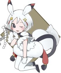 Rule 34 | 10s, 1girl, bad id, bad twitter id, black eyes, bright pupils, diamond (shape), gloves, gohei, highres, kemono friends, one eye closed, puffy pants, rabbit girl, rabbit tail, shigupon, simple background, smile, solo, tail, vocaloid, white background, white gloves, white hair, wide sleeves, yukine (vocaloid)