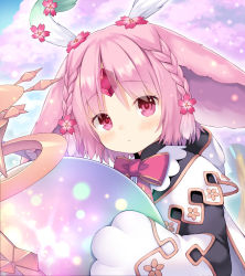 Rule 34 | 1girl, animal ears, animal hands, blush, bow, bowtie, braid, carrying, closed mouth, commentary request, dot nose, flower, forehead jewel, hair flower, hair ornament, highres, holding orb, hood, hood down, hooded dress, large ears, light particles, lulu (monmusu td), medium hair, monster musume td, namaru (summer dandy), orb, pink eyes, pink hair, raised eyebrows, solo, tree, twin braids, upper body
