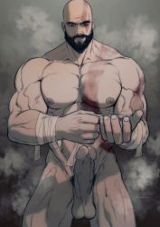 Rule 34 | 1boy, abs, arm tattoo, artist name, bald, bandaged arm, bandages, bara, beard, biceps, black hair, brown eyes, chest tattoo, erection, facial hair, feet out of frame, god of war, highres, huge penis, hydaria, kratos (god of war), large pectorals, looking at viewer, male focus, manly, mature male, muscular, muscular male, navel, nipples, nude, pectorals, penis, pubic hair, signature, simple background, smile, smoke, solo, tattoo, teeth, testicles, thick arms, thick eyebrows, thick thighs, thighs