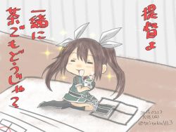 Rule 34 | 10s, 1girl, = =, blush, brown hair, chibi, closed eyes, cup, dated, elbow gloves, gloves, hair ribbon, kantai collection, long hair, looking to the side, multiple girls, open mouth, pelvic curtain, ribbon, seiza, signature, single elbow glove, sitting, smile, solo, taisa (kari), teacup, tone (kancolle), tone kai ni (kancolle), twintails, twitter username, uniform, yunomi