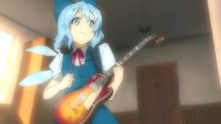 Rule 34 | 1girl, bad id, bad pixiv id, cirno, derivative work, fake screenshot, grin, guitar, ho-cki, instrument, k-on!, parody, smile, solo, style parody, touhou, wings