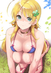 Rule 34 | 1girl, ahoge, bikini, blonde hair, blue bikini, blue eyes, blush, bow, breast rest, breasts, cleavage, closed mouth, collarbone, commentary, from above, full body, grass, hachimiya meguru, hair bow, halterneck, idolmaster, idolmaster shiny colors, large breasts, long hair, looking at viewer, low twintails, sandals, shiroyukimajima, side-tie bikini bottom, smile, solo, squatting, string bikini, swimsuit, twintails, yellow bow
