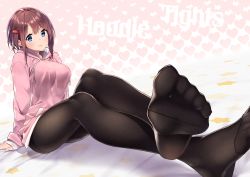 Rule 34 | 1girl, absurdres, arm support, baffu, black pantyhose, blue eyes, blush, breasts, brown hair, commentary request, crossed legs, english text, feet, foot focus, foreshortening, full body, hair between eyes, hair ornament, hairclip, heart, highres, hitoyo (baffu), hood, hoodie, long sleeves, looking at viewer, medium breasts, no shoes, original, pantyhose, short hair, sidelocks, sitting, smile, soles, solo, star (symbol), thighband pantyhose, toes