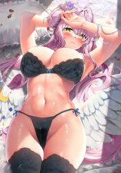 Rule 34 | 1girl, armpits, arms up, black bra, black panties, black thighhighs, blue archive, blush, bra, breasts, cameltoe, cleft of venus, feathered wings, groin, hair bun, hair spread out, halo, highres, kawai (purplrpouni), large breasts, looking at viewer, lying, mika (blue archive), navel, on back, panties, petals, pillow, pink hair, rose petals, single side bun, solo, stomach, thighhighs, thong, underwear, underwear only, white wings, wings