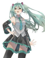 Rule 34 | 1girl, blush, breasts, collared shirt, cowboy shot, detached sleeves, from below, green eyes, green hair, hair ornament, hand on own hip, hatsune miku, headphones, highres, long hair, long sleeves, looking at viewer, looking down, necktie, open mouth, pleated skirt, shirt, sideboob, skirt, sleeveless, sleeveless shirt, small breasts, solo, suiren nei, thighhighs, twintails, v-shaped eyebrows, vocaloid, white background, zettai ryouiki
