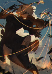 Rule 34 | 1girl, 2b (nier:automata), artist name, black blindfold, black footwear, black hairband, blindfold, blue sky, brown thighhighs, cloud, cloudy sky, feather trim, grey hair, hairband, holding, holding instrument, holding violin, instrument, light particles, music, nier:automata, nier (series), original, outdoors, playing instrument, puffy sleeves, short hair, sky, solo, thighhighs, turtleneck, violin, xleontan