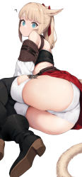 Rule 34 | 1girl, accio, animal ears, ass, blonde hair, blue eyes, blunt bangs, boots, cat tail, crotch seam, detached sleeves, final fantasy, final fantasy xiv, full body, hair between eyes, highres, long hair, looking at viewer, miniskirt, miqo&#039;te, panties, pleated skirt, ponytail, red skirt, skirt, solo, tail, thighhighs, thighs, underwear, warrior of light (ff14), white background, white panties