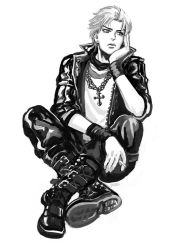 Rule 34 | 1boy, boots, contemporary, cross, cross necklace, dio brando, greyscale, jacket, jewelry, jojo no kimyou na bouken, leather, leather jacket, leather pants, magatsumagic, male focus, monochrome, necklace, pants, solo