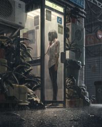 Rule 34 | 1girl, absurdres, air conditioner, black hair, black pants, blood, blood on clothes, commentary, english commentary, flower pot, guweiz, hand up, highres, holding, holding phone, long sleeves, original, outdoors, pants, phone, phone booth, plant, potted plant, rain, revision, shirt, short hair, solo, talking on phone, trash can, white shirt