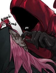 Rule 34 | 2others, ?, black gloves, character request, close-up, commentary request, dead by daylight, gloves, grey background, hidden face, hood, hood up, knocking, long hair, mask, multiple others, pink hair, simple background, solo, spoken question mark, the legion (dead by daylight), umsotasty, upper body, white background