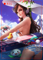 Rule 34 | 1girl, animal print, ass, bad id, bad pixiv id, bikini, bird, blue bikini, blue sky, border, breasts, brown eyes, brown hair, bubble, cloud, covering breasts, covering privates, cowboy shot, d.va (overwatch), day, facepaint, facial mark, flower, from side, front-tie bikini top, front-tie top, hat, hat flower, headphones, highres, lips, long hair, looking at viewer, mecha, medium breasts, meka (overwatch), nose, outdoors, overwatch, overwatch 1, pachimari, rabbit print, recording, red border, robot, rubber duck, seagull, sky, solo, statue, striped bikini, striped clothes, stuffed toy, suikaxd(zhanweiheng1992), sun, surfboard, swept bangs, swimsuit, tan, tanline, twisted torso, untied bikini, wardrobe malfunction, water, whisker markings