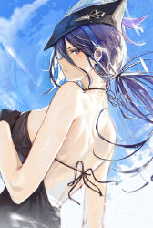 Rule 34 | 1girl, absurdres, alternate costume, backless dress, backless outfit, bare arms, bare back, bare shoulders, black dress, black gloves, blue sky, breasts, clorinde (genshin impact), day, dress, earrings, genshin impact, gloves, hat, hidulume, highres, jewelry, large breasts, long hair, looking at viewer, outdoors, purple eyes, purple hair, sky, solo, tricorne, upper body