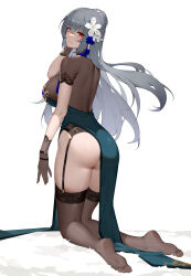 Rule 34 | 1girl, absurdres, ass, azur lane, back, black garter belt, black gloves, black thighhighs, blush, breasts, china dress, chinese clothes, dress, eyes visible through hair, feet, flower, from behind, full body, garter belt, gloves, green dress, grey hair, hair between eyes, hair flower, hair ornament, hand up, highres, kneeling, knees together feet apart, large breasts, legs, long hair, looking at viewer, looking back, median furrow, mole, mole under eye, no shoes, official alternate costume, parted lips, pelvic curtain, red eyes, saint-louis (alluring administrator) (azur lane), saint-louis (azur lane), see-through, see-through gloves, short sleeves, simple background, soles, solo, thighhighs, thighs, toes, two-tone dress, white background, white flower, wsfw