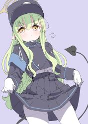 Rule 34 | 1girl, belt, black belt, black hat, black jacket, black skirt, black tail, blue archive, blush, closed mouth, clothes lift, cowboy shot, demon tail, earrings, gloves, green hair, halo, hat, hikari (blue archive), highres, jacket, jewelry, lifted by self, long hair, long sleeves, looking at viewer, pantyhose, peaked cap, pleated skirt, pointy ears, purple background, sidelocks, simple background, skirt, skirt hold, skirt lift, solo, tail, uchino maiko, white gloves, white pantyhose, yellow eyes, yellow halo