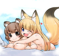 Rule 34 | 2girls, ;d, animal ear fluff, animal ears, artist name, blonde hair, blue eyes, blunt bangs, blush, blush stickers, breast press, breasts, brown eyes, brown hair, commentary, fangs, fox ears, fox tail, heart, hug, large breasts, lee (colt), long hair, looking at viewer, medium breasts, multiple girls, nude, one eye closed, onsen, open mouth, original, partially submerged, raccoon ears, short eyebrows, short hair, slit pupils, smile, tail, water