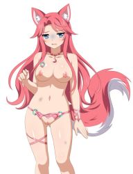 Rule 34 | 1girl, animal ears, bikini, blue eyes, blush, breasts, bruise, crotchless, crotchless panties, female focus, fox ears, fox girl, fox tail, game cg, injury, jewelry, large breasts, legs, long hair, navel, necklace, nipples, nude, o-ring, o-ring bottom, o-ring panties, panties, pussy, red hair, sakura dungeon, shiny skin, simple background, solo, swimsuit, tail, uncensored, underwear, white background, yomi (sakura dungeon)