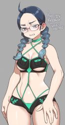 Rule 34 | 1girl, 2021, agawa ryou, annoyed, bare shoulders, bikini, black bikini, black hair, breasts, commentary, glasses, grey background, long hair, looking down, medium breasts, original, simple background, solo, swimsuit, thick thighs, thighs, underboob