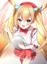 Rule 34 | 1girl, :d, amane (230075), beret, blonde hair, blue eyes, blush, bow, bowtie, breasts, commission, cowboy shot, frilled skirt, frills, hair ornament, hat, holding, holding tray, iris mysteria!, large breasts, long hair, looking at viewer, lydia (iris mysteria!), open mouth, red bow, red hat, red skirt, shirt, skeb commission, skirt, smile, solo, standing, tray, twintails, waitress, white shirt