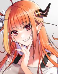 Rule 34 | 1girl, ahoge, alternate costume, blunt bangs, bow, commentary, diagonal-striped bow, eyes visible through hair, gradient background, grey background, grin, highres, hololive, horns, isuka, kiryu coco, long hair, looking at viewer, nail polish, orange hair, pointy ears, portrait, red eyes, red nails, signature, simple background, smile, solo, teeth, virtual youtuber