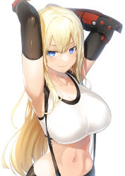 Rule 34 | 1girl, absurdres, armpits, arms up, bare shoulders, bismarck (kancolle), black skirt, blonde hair, blue eyes, blush, breasts, cleavage, cosplay, crop top, elbow gloves, final fantasy, final fantasy vii, gloves, highres, kantai collection, large breasts, long hair, looking at viewer, meth (emethmeth), midriff, navel, skirt, smile, solo, suspender skirt, suspenders, tank top, tifa lockhart, tifa lockhart (cosplay)