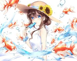 Rule 34 | 1girl, blue eyes, breasts, brown hair, commentary request, dress, eating, fish, flower, food, from side, goldfish, hair bun, hat, hat flower, hat ribbon, highres, holding, long hair, looking at viewer, looking to the side, medium breasts, open mouth, original, popsicle, ribbon, scrunchie, sena tea29, single hair bun, sleeveless, sleeveless dress, solo, straw hat, sundress, sunflower, teeth, upper body, water, water drop, white dress, wrist scrunchie
