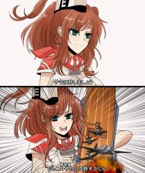 Rule 34 | 10s, 1girl, aircraft, airplane, anchor, breast pocket, brown hair, colorized, comic, emphasis lines, empty eyes, flight deck, green eyes, hair between eyes, hair ornament, highres, jesus revenge (meme), kantai collection, long hair, meme, neckerchief, pocket, ponytail, red neckerchief, saratoga (kancolle), side ponytail, sidelocks, smokestack, solo, stupid movie sequels, sunko