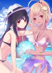 Rule 34 | 2girls, :d, absurdres, ahoge, bare arms, bare shoulders, bikini, black bikini, black hair, blonde hair, blue flower, blue sky, blush, breasts, character request, cleavage, closed mouth, cloud, collarbone, commentary request, dark-skinned female, dark skin, day, fang, fingernails, flower, fuyu (xxfylia), hair between eyes, hair ornament, hat, head tilt, high ponytail, highres, horizon, long hair, looking at viewer, medium breasts, multiple girls, navel, o-ring, o-ring bikini, o-ring top, ocean, open mouth, outdoors, ponytail, red eyes, red flower, sarong, see-through, shell hair ornament, sky, smile, star (symbol), star hair ornament, station memories, swimsuit, very long hair, water, white bikini, white hat, yellow flower