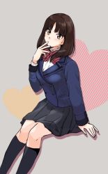 Rule 34 | 1girl, arm at side, black skirt, blue jacket, blush, bow, bowtie, breasts, brown eyes, brown hair, buttons, collared shirt, covered mouth, grey background, hand to own mouth, hand up, head tilt, heart, heart background, jacket, long hair, long sleeves, medium breasts, medu (rubish), miniskirt, parted bangs, pleated skirt, red bow, red bowtie, school uniform, shirt, silhouette, sitting, skirt, sleeve cuffs, solo, striped bow, striped bowtie, striped clothes, striped neckwear, tokimeki memorial, tokimeki memorial girl&#039;s side 3rd story, ugajin miyo, white shirt