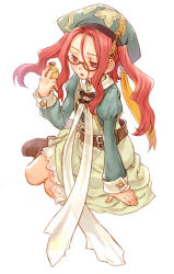 Rule 34 | 1girl, absurdres, belt, drop (rune factory), glasses, hat, highres, holding, iwasaki minako, red eyes, red hair, rune factory, rune factory frontier, simple background, solo, stopwatch, twintails, watch, white background