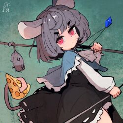 Rule 34 | 1girl, animal, animal ears, black dress, blue capelet, capelet, cheese, closed mouth, dated, dress, food, grey hair, long sleeves, maaru (akira428), mouse (animal), mouse ears, mouse tail, nazrin, one-hour drawing challenge, red eyes, short hair, signature, solo, tail, touhou