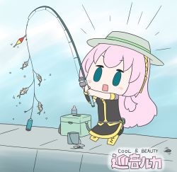 Rule 34 | 1girl, absurdres, aqua eyes, belt, black shirt, black skirt, boots, bottle, box, bucket, character name, chibi, commentary, cross-laced footwear, fish, fishing, fishing rod, full body, gold trim, hat, hatsune negame, headphones, highres, holding, holding fishing rod, knee boots, lace-up boots, long hair, megurine luka, motion lines, outdoors, pink hair, shirt, short sleeves, skirt, solid oval eyes, solo, standing, surprised, very long hair, vocaloid