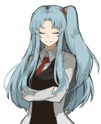 Rule 34 | 1girl, angela (project moon), black vest, blouse, blue hair, closed eyes, closed mouth, collared shirt, crossed arms, hair intakes, highres, lobotomy corporation, long hair, long sleeves, necktie, one side up, project moon, red necktie, shirt, sidelocks, simple background, smile, solo, split mouth, uina, very long hair, vest, white background, white shirt