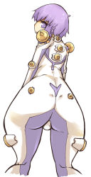 Rule 34 | 1girl, ar tonelico, ar tonelico iii, ass, bodysuit, braid, female focus, from behind, huge ass, looking back, purple eyes, purple hair, short hair, skin tight, solo, tilia (ar tonelico), white background