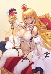 Rule 34 | 1girl, arm support, bare shoulders, black gloves, blonde hair, blue eyes, breasts, cleavage, covered erect nipples, cross-laced clothes, crown, detached collar, detached sleeves, drill hair, frills, garter straps, gloves, gluteal fold, heiyz, highres, large breasts, lion (warship girls r), long hair, looking at viewer, navel, puffy sleeves, scepter, sitting, smile, solo, stomach, thighhighs, throne, warship girls r, white thighhighs