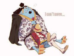 Rule 34 | 2boys, black hair, covered face, crossed arms, hat, hoyano (maimai), japanese clothes, jinbe (one piece), kimono, male focus, monkey d. luffy, multiple boys, on lap, one piece, robe, sleeping