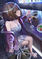 Rule 34 | 1girl, absurdres, alcohol, ashtray, bar (place), bar stool, bare shoulders, blush, bottle, breasts, brown eyes, brown hair, cheese, cigarette, cleavage, collarbone, crossed legs, cup, dress, drinking glass, dutch angle, earrings, ears visible through hair, female focus, floor, food, glass, glass bottle, hair between eyes, hair strand, hashimoto kokai, highres, hoop earrings, jacket, jewelry, lace, lace-trimmed dress, lace trim, legs folded, legs together, looking at viewer, off shoulder, open clothes, open jacket, open mouth, original, parted bangs, pee, peeing, peeing self, public indecency, puddle, purple jacket, reflection, sandals, see-through, see-through dress, short hair, sidelocks, sideways glance, sitting, smoke, smoking, stool, strapless, strapless dress, teeth, tile floor, tiles, tomato, transparent dress, upper teeth only, water drop, wet, wet clothes, wet dress, white dress, white footwear, wine, wine glass