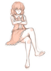 Rule 34 | 1girl, barefoot, crossed arms, crossed legs, feet, full body, highres, kazami yuuka, kuro suto sukii, legs, looking at viewer, open clothes, open vest, shirt, simple background, sitting, sketch, skirt, soles, solo, toes, touhou, vest, white background