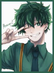 Rule 34 | 1boy, ;d, alternate costume, boku no hero academia, border, collared shirt, fang, freckles, green border, green eyes, green hair, green necktie, green shirt, grin, highres, male focus, midoriya izuku, multicolored hair, necktie, one eye closed, open mouth, shirt, short hair, smile, solo, suspenders, teeth, tsugo me, two-tone hair, upper body, v over eye, white background