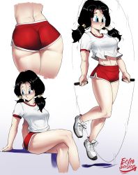Rule 34 | 1girl, absurdres, artist name, ass, black hair, blue eyes, blush, breasts, dragon ball, dragonball z, echo saber, gym shorts, heavy breathing, highres, huge ass, jump rope, jumping, legs, midriff, multiple views, navel, red shorts, shoes, short shorts, shorts, sitting, sneakers, sweat, thighs, twintails, videl, white background