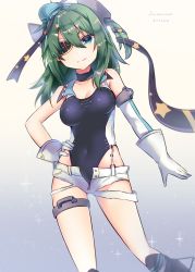 Rule 34 | 1girl, alternate costume, aqua hat, black footwear, black one-piece swimsuit, black ribbon, breasts, cleavage, commission, competition swimsuit, cosplay, cowboy shot, eyepatch, garrison cap, gloves, green eyes, green hair, hair ornament, hat, highleg, highleg swimsuit, highres, kantai collection, kiso (kancolle), kiso kai ni (kancolle), one-piece swimsuit, pixiv commission, ribbon, rudder footwear, scamp (kancolle), scamp (kancolle) (cosplay), short shorts, shorts, side ponytail, small breasts, solo, star (symbol), star hair ornament, suzuaki (angelic-sh), swimsuit, two-tone swimsuit, white gloves, white shorts