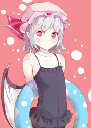 Rule 34 | 1girl, arms behind back, bat wings, collarbone, culter, flat chest, frilled swimsuit, frills, hat, hat ribbon, innertube, mob cap, nontraditional school swimsuit, one-piece swimsuit, pointy ears, red eyes, remilia scarlet, ribbon, school swimsuit, silver hair, smile, solo, swim ring, swimsuit, touhou, wings