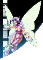 Rule 34 | 1girl, belt, bikini, boots, breasts, butterfly hair ornament, butterfly wings, chiyoko (chokochokotto), cleavage, closed mouth, commentary request, covered eyes, digimon, digimon (creature), elbow gloves, facial mark, fairimon, full body, garter straps, gloves, hair intakes, hair ornament, hairband, highres, insect wings, long hair, medium breasts, midriff, navel, outline, parted bangs, purple belt, purple bikini, purple footwear, purple gloves, purple hair, purple hairband, shoulder pads, skindentation, smile, solo, swimsuit, thigh boots, thigh gap, visor, wings