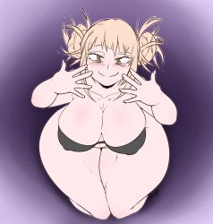 Rule 34 | 1girl, black bra, blonde hair, blunt bangs, blush, boku no hero academia, bra, breasts, cleavage, covered erect nipples, double bun, from above, hair bun, highres, large breasts, looking at viewer, okioppai, purple background, signature, smile, solo, thick thighs, thighs, toga himiko, underwear, wide hips, yellow eyes